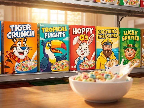 Cereal boxes on retail shelf
