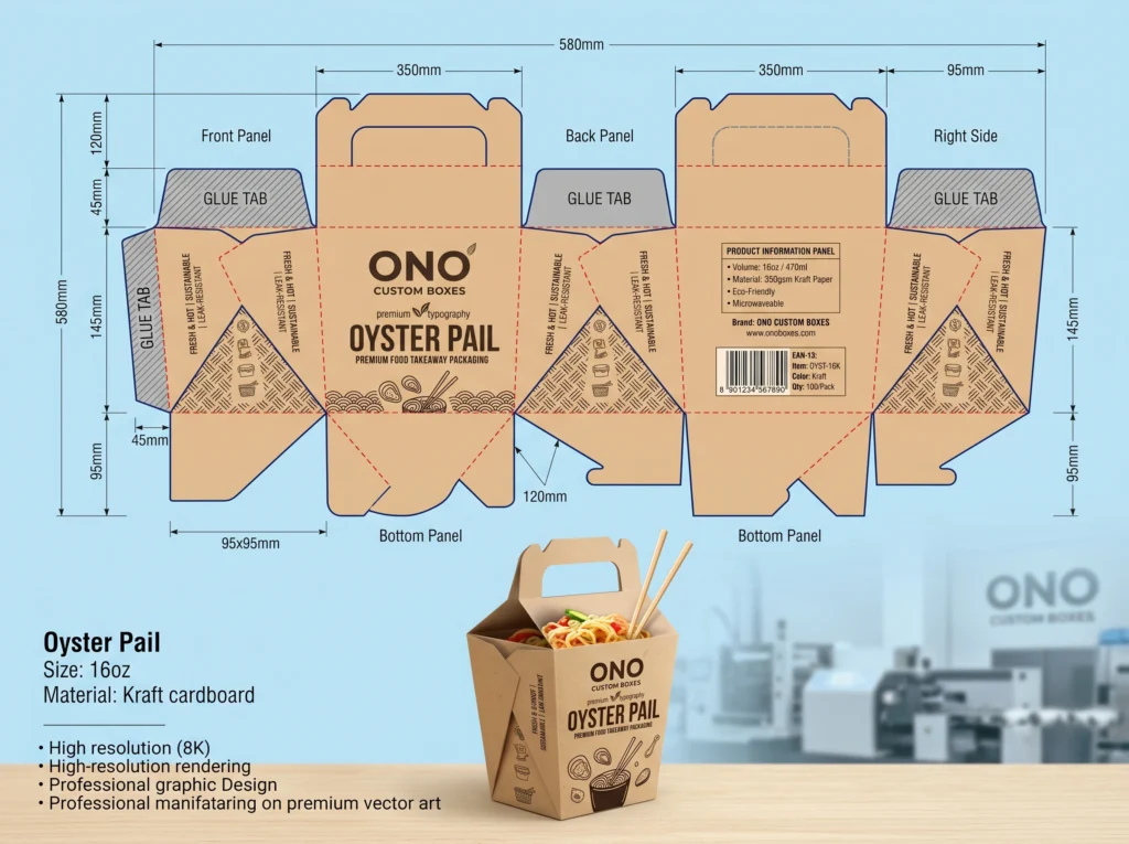 Oyster Pail Box Packaging Dimensions