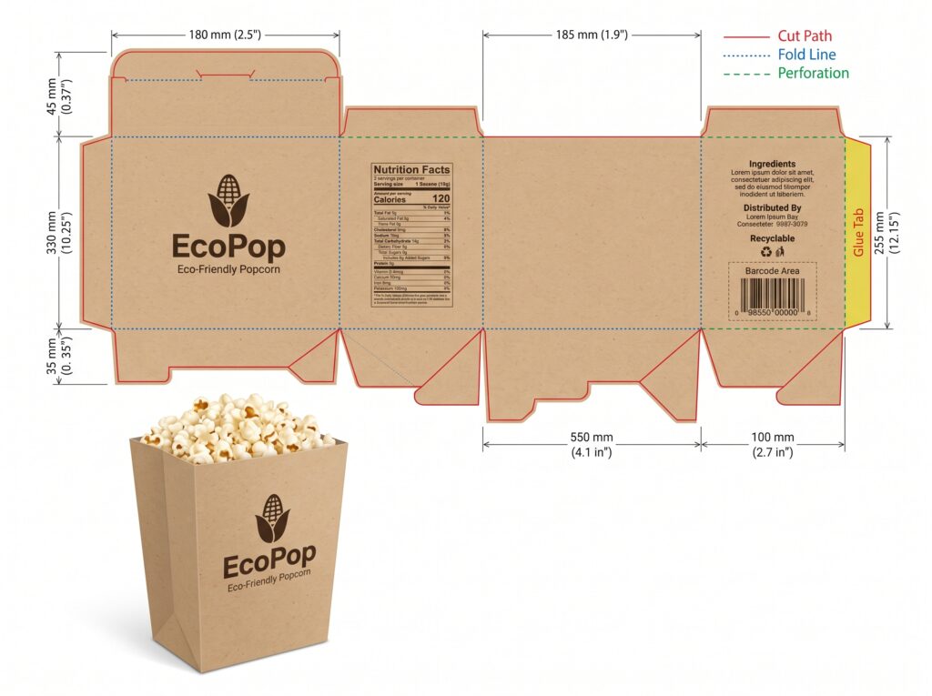 Popcorn Box Packaging Dimension