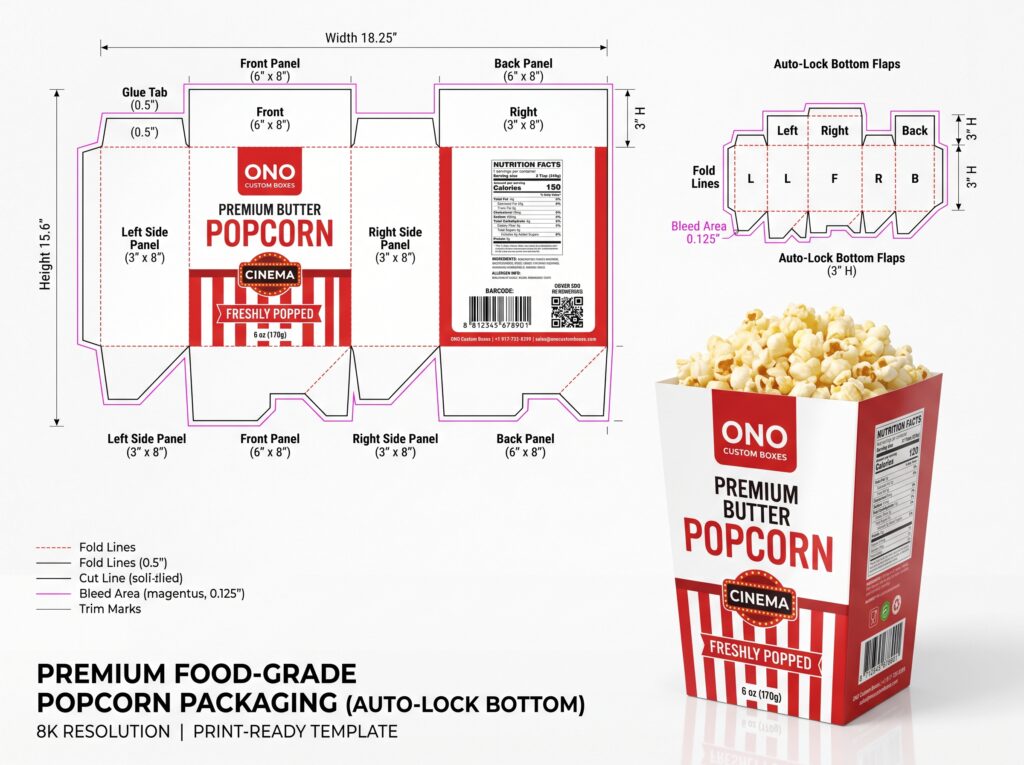 Popcorn Box Packaging Dimensions
