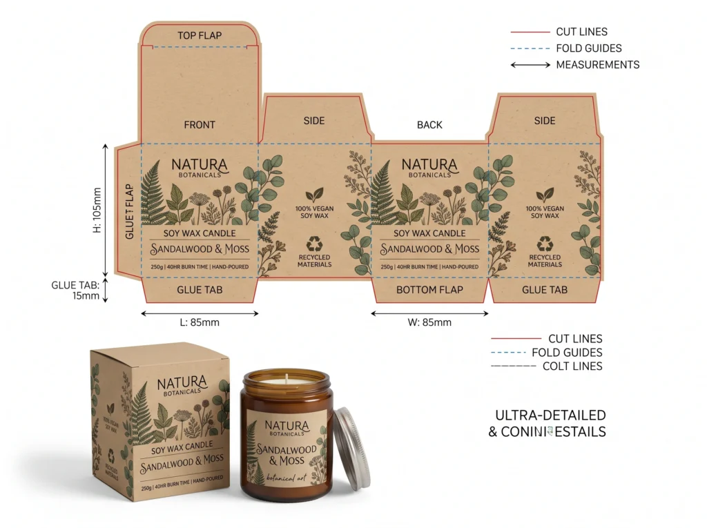 Sustainable kraft candle packaging with natural brown recycled cardboard