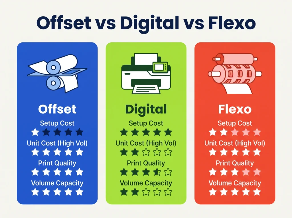 Offset vs Digital vs Flexo Printing: Side-by-Side Comparison